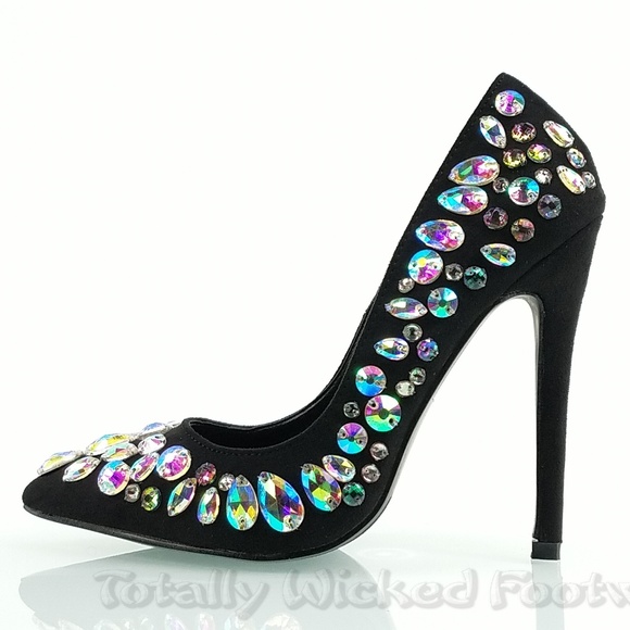 So Me Shoes - Big jewel 4.5" heel black pump fashion shoes Diva